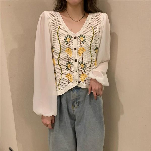

women's blouses & shirts hzirip girls knitted lady brief ol patchwork embroidery flowers gentle femme v-neck summer, White
