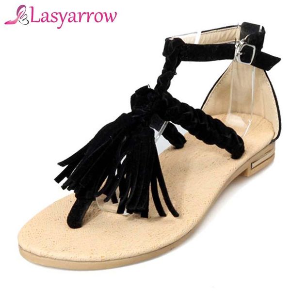 

sandals lasyarrow women bohemian summer flat ladies tassel flip flops clip toe gladiator sandalias mujer q107, Black