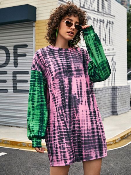 

colorblock tie dye lantern sleeve dress 87ss#, Black;gray