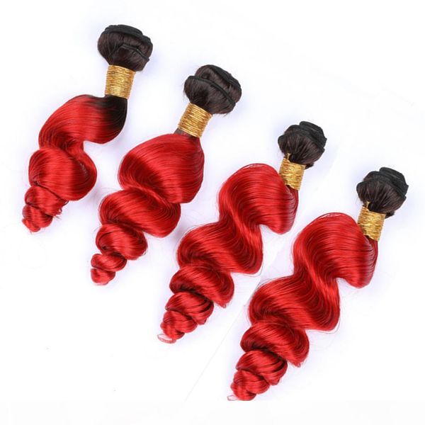 

#1b red ombre loose wave brazilian human hair bundles deals bright red ombre loose wavy human hair weave wefts 4pcs lot mixed length, Black;brown