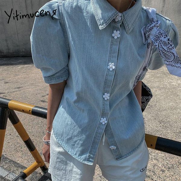 

women's blouses & shirts yitimuceng casual blouse women floral button up denim shirt korean fashion short puff sleeve solid light blue, White