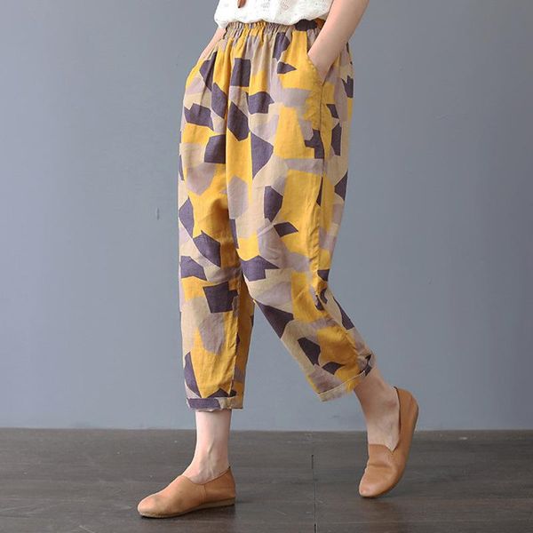 

women's pants & capris fashion women loose printing pockets cotton linen casual female sweatpants trouser plus size, Black;white