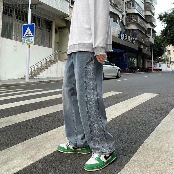 

men's jeans high street fashion straight tube loose cashew flower casual pants hip hop streetwear pantalon homme jean, Blue