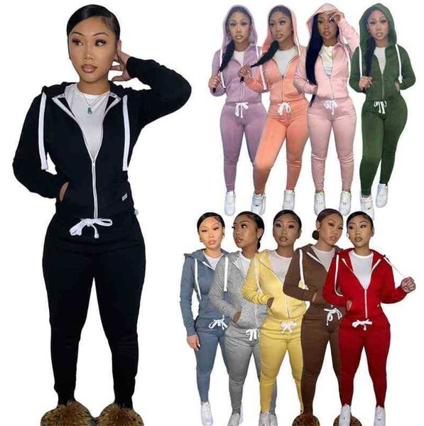 

2021 womens plush sweater designer sports tracksuits joggers two piece pants set hoodies drawstring zip outfits, Gray