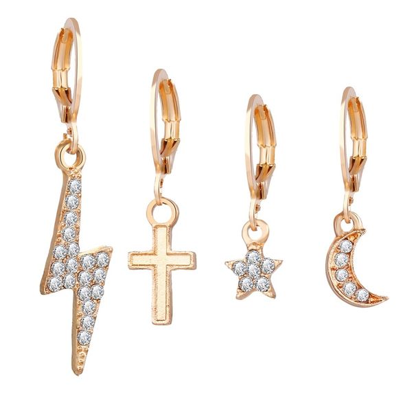 

charms earrings 5864 hanzhishang lightning cross star moon ear clip set 4 pieces gold inlaid, Golden