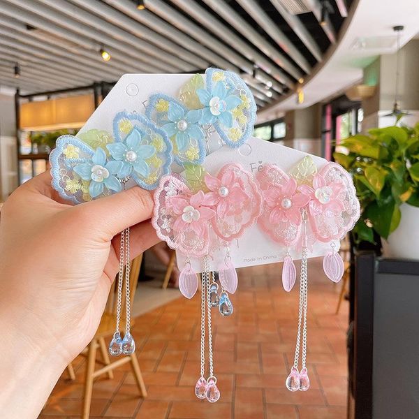 

hair accessories 1pair flower bow embroidery tassel hairpins women girl kid clip pin hanfu cosplay headwear hairgrip, Slivery;white