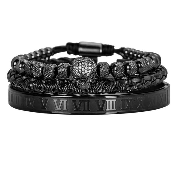 

3pcs/set handmade men bracelet micro pave cz skeleton skull roman numeral hemp rope buckle open stainless steel bangles 210910, Golden;silver