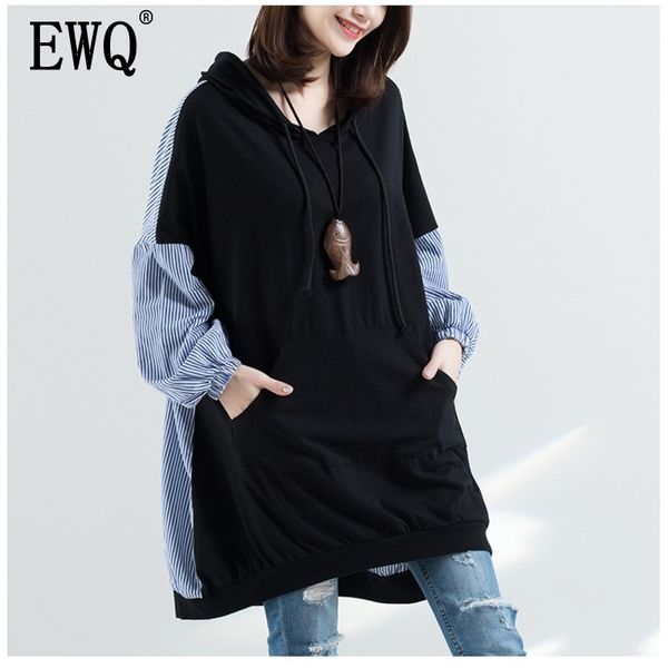 

[ewq] new autumn hooded collar striped patchwork black loose long pullvoers women's sweatshirt females clothing ah16801xl 201112