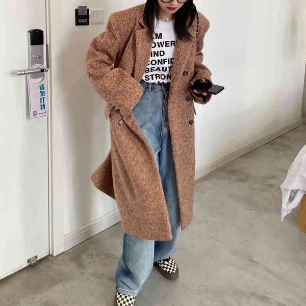 

women's wool & blends [eam] loose fit brown double breasted big size woolen coat parkas long sleeve women fashion autumn winter 2022 1d, Black