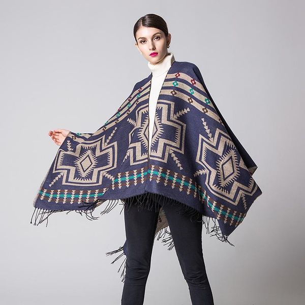 

scarves wholesale high-quality european and american cross plum fringe lengthened thick cashmere ethnic travel split shawl scarf, Blue;gray