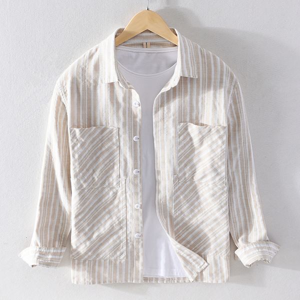 

2021 new cotton and linen long-sleeved brand france style striped beige shirts for men breathable trendy shirt mens chemise w0mr, White