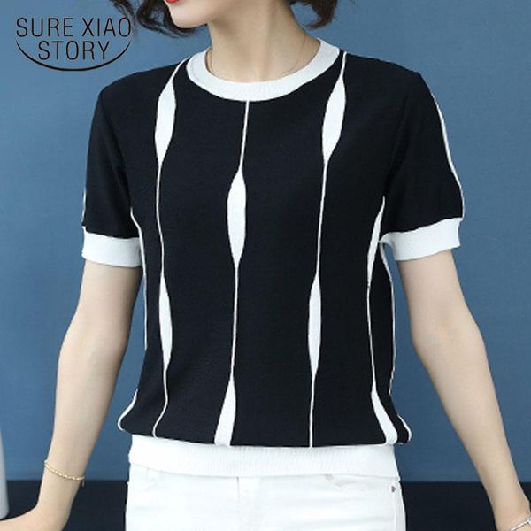 

women's blouses & shirts tunic 2021 summer arrival ice silk slim loose thin patchwork striped knitted short sleeve blouse women 9803, White