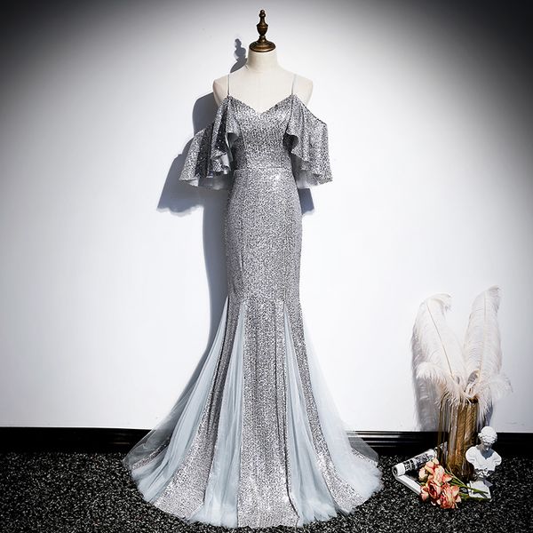 

Sliver Grey Spaghetti Strap Ruffle Sleeve Floor Length Mermaid Dress Brilliant Sequins Off Shoulder Bandage Evening Dress