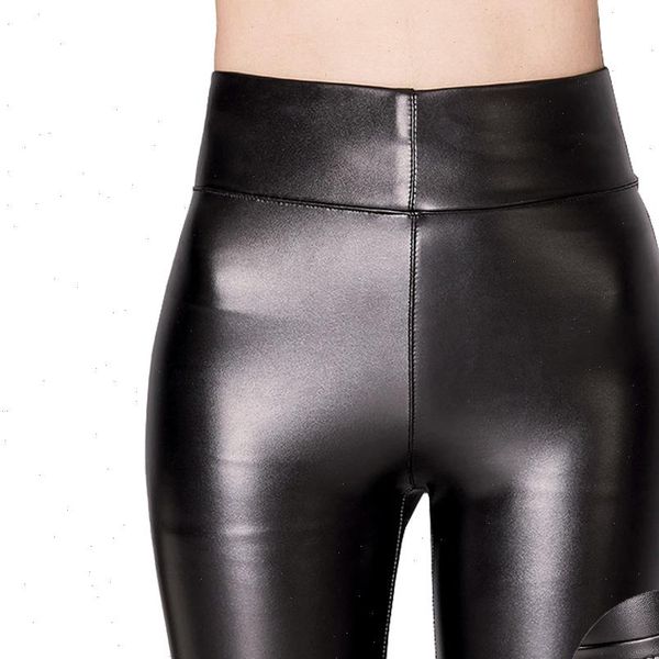 

fashion women velvet pu leather pants high elastic waist leggings not crack slim leather leggings skinny fleece trousers women, Black