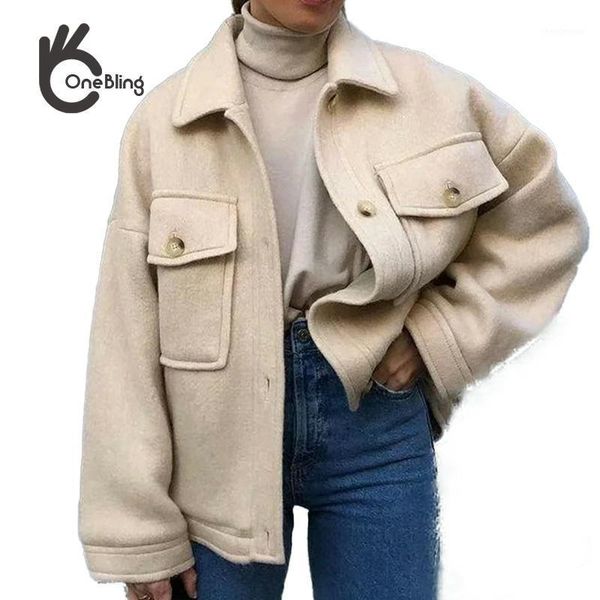 

women's wool & blends onebling vintage stylish loose beige jacket coat women 2021 fashion lapel collar long sleeve winter coats chic, Black