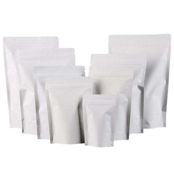 

50pcs white kraft paper mylar foil bag packaging pouches stand up doypack grip seal resealable tear notch reusable