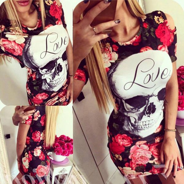 

women's dress 2021 new fashion popular in europe and america skull head rose print bag buttocks slim mini dress, Black;gray