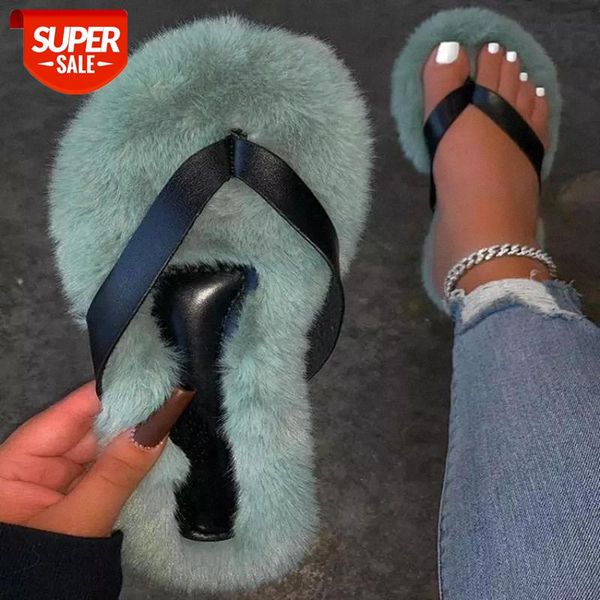 

autumn new women's sandals flat slippers open toe solid color plush outdoor plus size 35-43 zapatillas mujer casa #om4v, Black