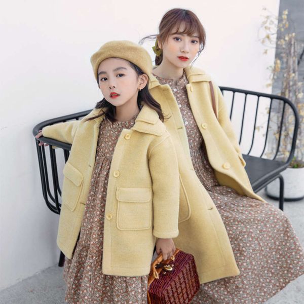 

2021 parent child korean clothing autumn girls' winter loose temperament mother's women's tweed coat medium length, Blue