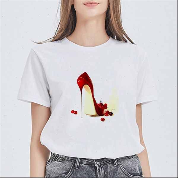 

fashion women t shirt summer short sleeve red high heel streetwear female tee round neck vogue t shirts trumblr, White