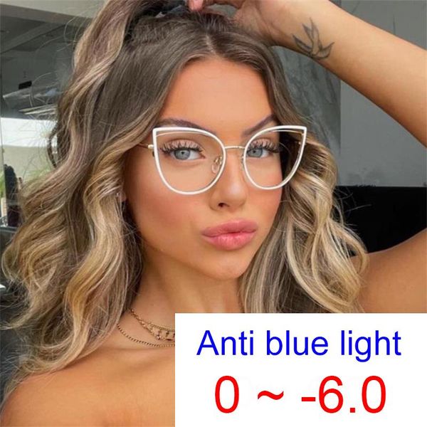 

sunglasses female myopia transparent glasses against blue light luxury designer white metal cat eye nearsighted -1.0 -2.0 okulary, White;black
