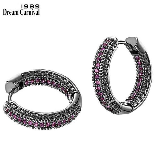 

dreamcarnival1989 fuchsia black huggie earrings for women elegant night party jewelry shiny zircon pave awesome bijoux we3931gun 220108, Golden;silver