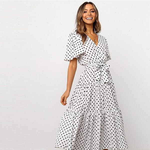 

2021 new dot butterfly sleeve summer dress women office lady ruffles v neck lace up mid calf dress, Black;gray