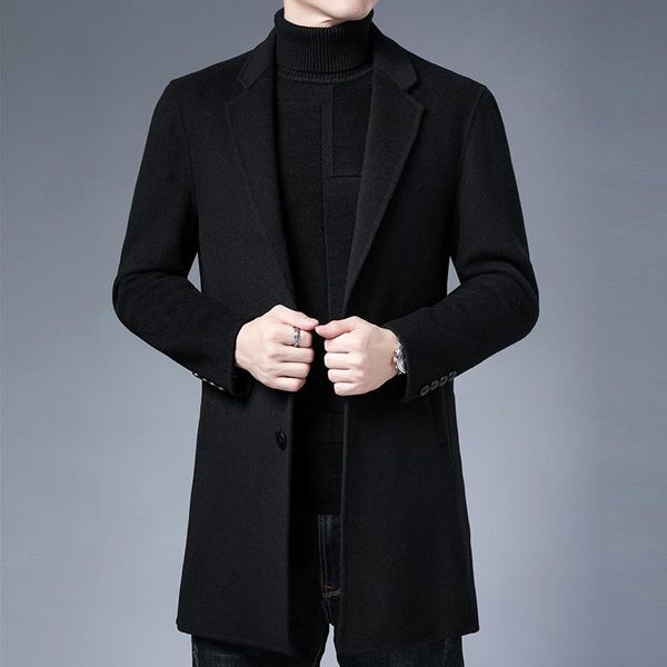 

men's wool & blends winter 2021 casual coat loose suit collar youth woolen medium length solid color, Black