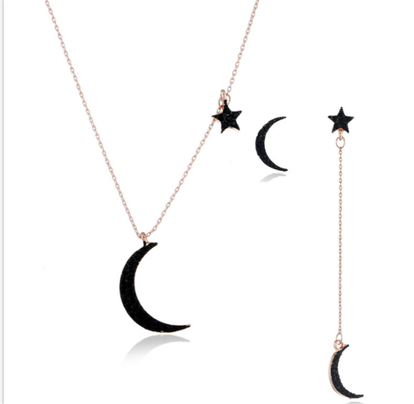 

earrings & necklace stainless steel asymmetric black rhinestone star moon stud earring set rose gold zircon jewelry, Silver