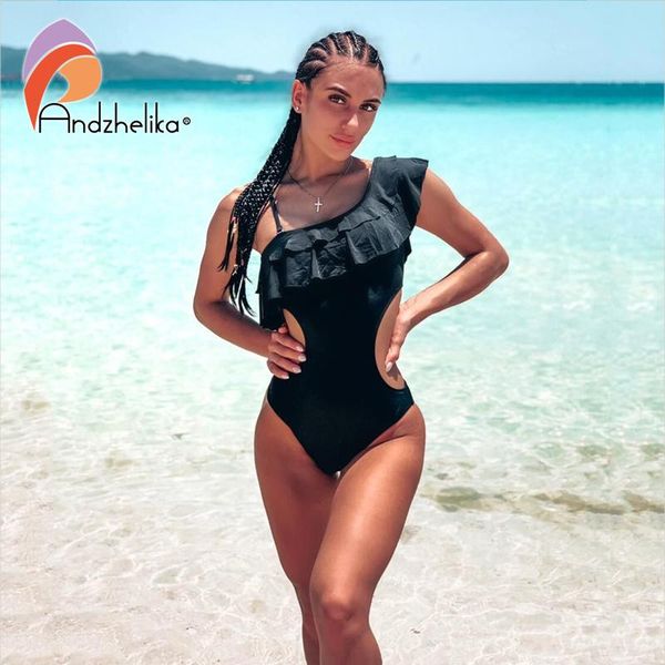

andzhelika one piece one swimsuit shoulder ruffle women swimwear bodysuits hollow out bathing suit monokini, White;black