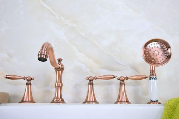 

bathroom sink faucets antique red copper brass widespread deck-mounted tub 5 holes three handles basin faucet tap hand spray mtf220