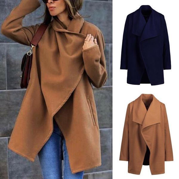 

women's wool & blends autumn and winter woolen coat shawl with belt, Black