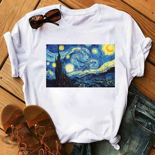 

summer women t-shirt van gogh star print tee ulzzang short sleeve casual tee fashion harajuku oil painting printing t-shirt, White