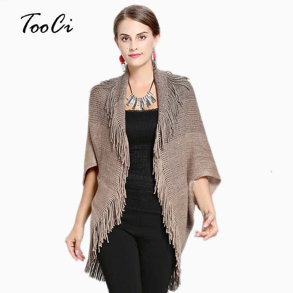 

new autumn women poncho femme hiver khaki cardigan shawl high elastic tassel knitted ladies sweaters long cardigan coat sh190912, White;black