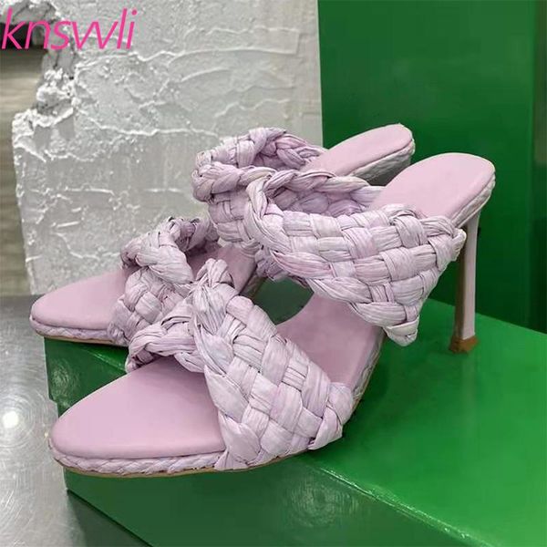 

runway high heels women slippers braided designer brand shoes woman summer mules heeled sandals women weave slides, Black