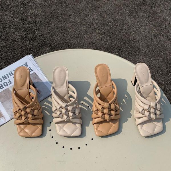 

slippers summer women shoes square toe hogh heels women's braided open sandals brand design, Black