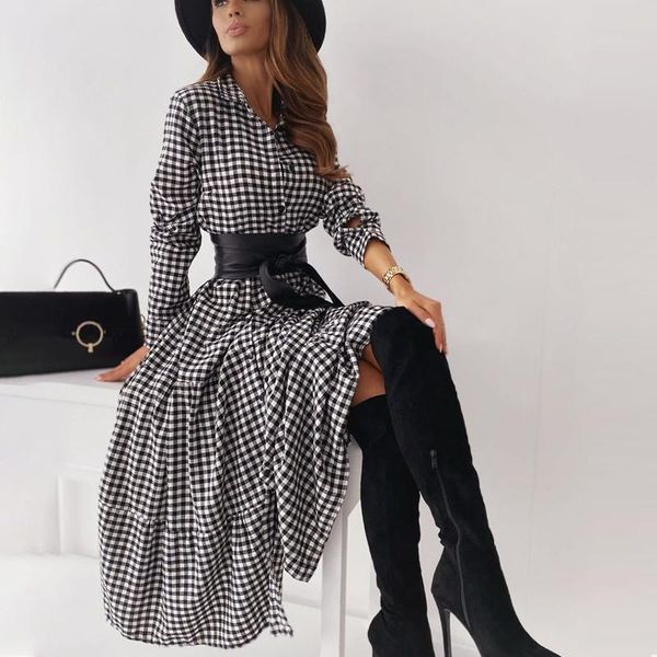 

casual dresses spring plaid print women's shirt dress with belt long sleeve single breasted female 2021 summer office ladies clothes, Black;gray