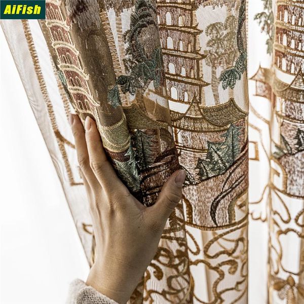 

embroidery luxury chinese pagoda curtains for living room classical french bedroom decoration window curtains tulle fabric 4