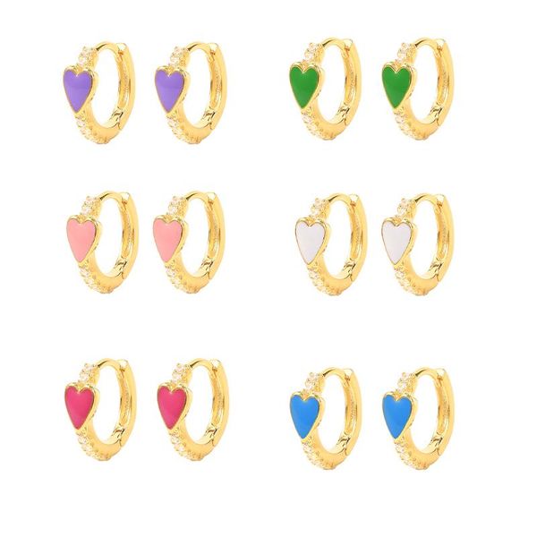 

hoop & huggie real 925 sterling silver enamel hearts earrings for women girls gift jewelry wedding pendientes plata, Golden;silver