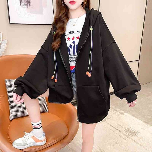

2021 autumn new korean pocket solid color drawstring hood loose large zipper cardigan jacket thin sweater women, Black