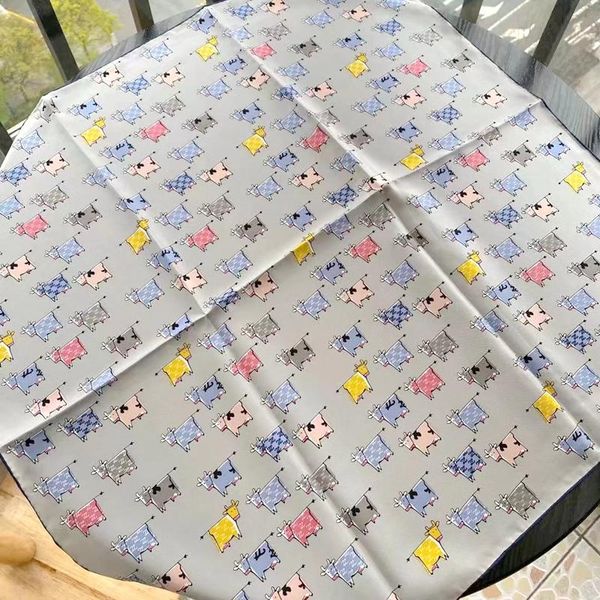

scarves cartoon print 100% silk bandana scarf necktie neckerchief wraps women ladies fashion head hair scarfs headband 68*68cm, Blue;gray