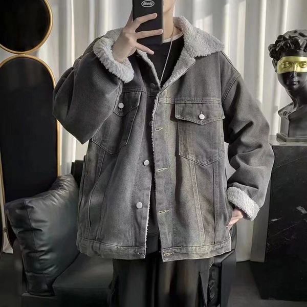 

winter cashmere thickened cotton padded men's jeans loose large size collar jacket warm lamb wool, Black;brown
