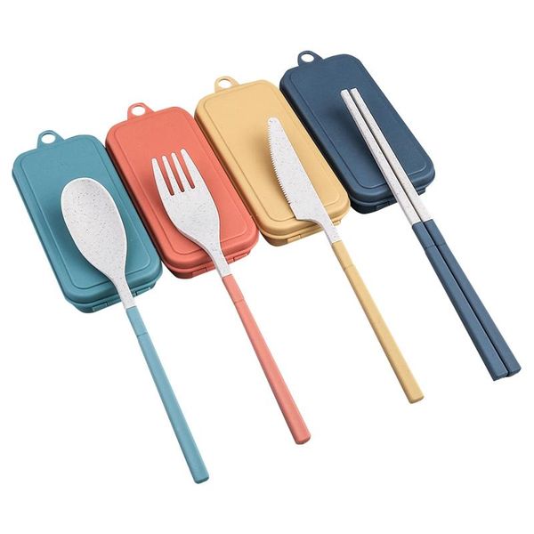 

spoons wheat straw detachable type portable cutlery tableware set with case dinnerware kitchen fork knives 4pcs
