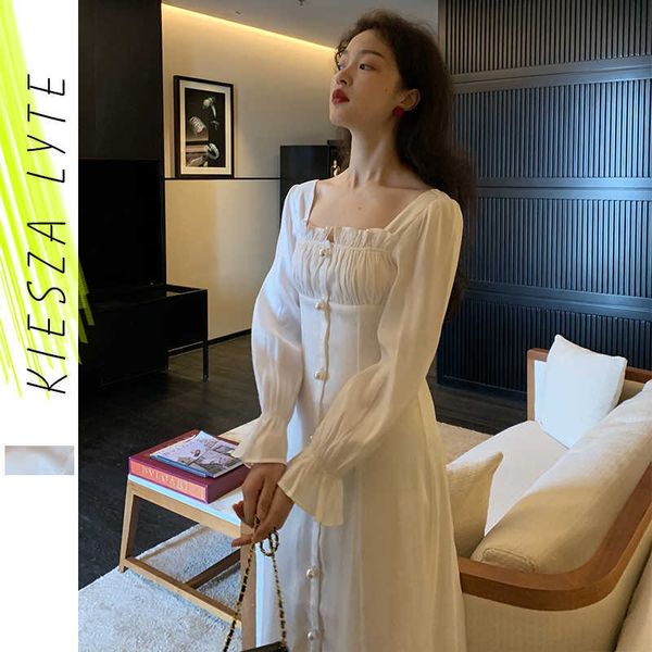 

vintage sqaure neck solid white dress elegant ladies dresses european-style robe beautiful vestidos 210608, Black;gray