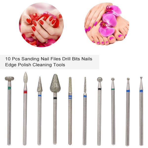 

10pc sanding nail files drill bits nails edge polish cleaning tools electric machine accessory manicure pedicure tips diy beauty
