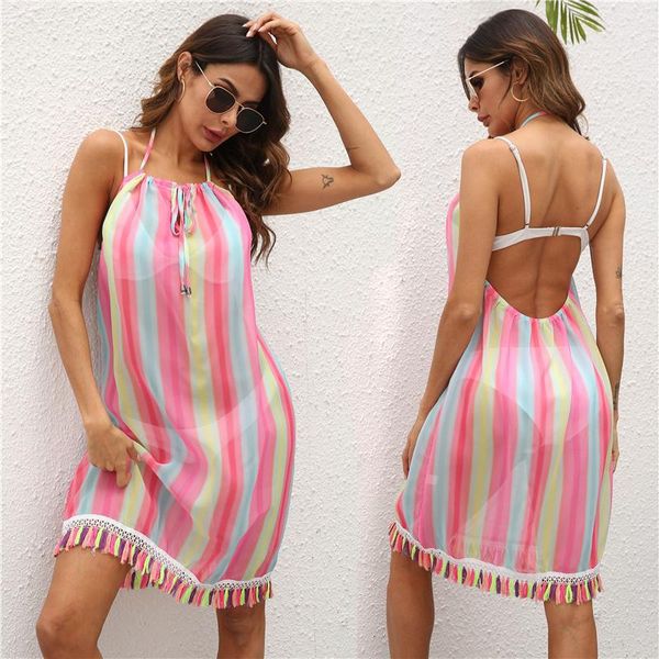 

women's swimwear backless beach dress for women crochet tassel cover up halter striped beachwear 2021 bikini cover-ups bathing suit s-l, White;black