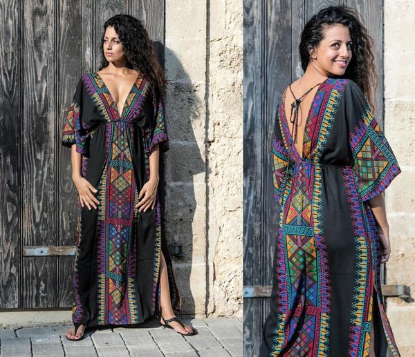 

2021 fashion muslim beach dress black v-neck beachwear sarong cotton half sleeve high waist tunic maxi print bikini coverup, White;black