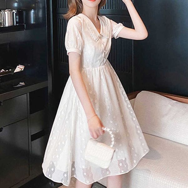 

elegant lace dres white doll collar mesh short sleeve fairy french clothing banquet fall 210604, Black;gray