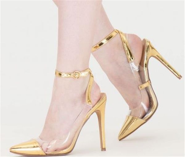 Retalhos de retalhos encantadores sapatos de PVC dedo dedo pontado de estilete bombeia bombas de ouro de ouro transparente strap high wedding 95