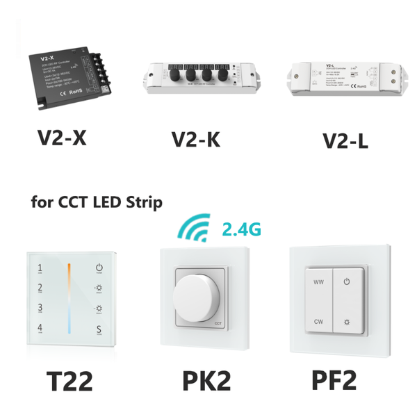 

controllers v2-x cct led controller dc 12v 24v 4ch 30a pwm 2.4g rf wireless remote knob control for ww cw dual color strip light dimmer